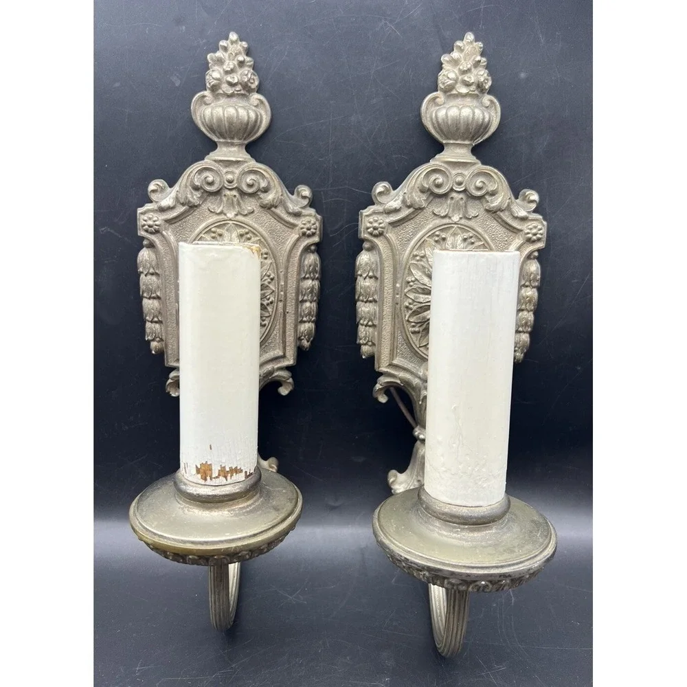 Pair Antique Cast Brass/Bronze (?) Floral Electric Wall Sconce Lights Reclaimed